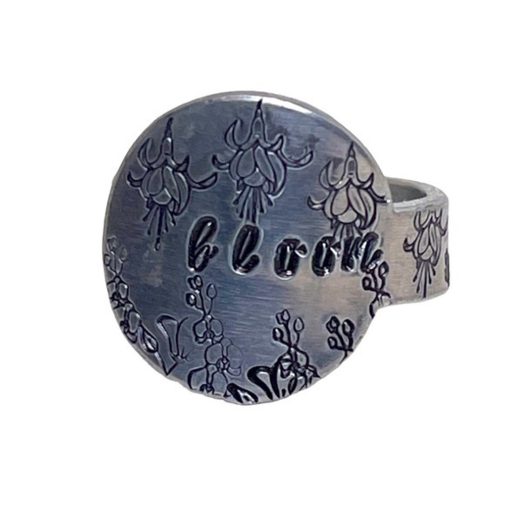 Handmade 9 stamped floral “bloom” hypoallergenic adjustable‎ medallion ring